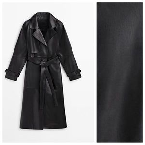 NWT. Massimo Dutti Black Nappa Leather Trench-Style Coat with Belt. Size XS.